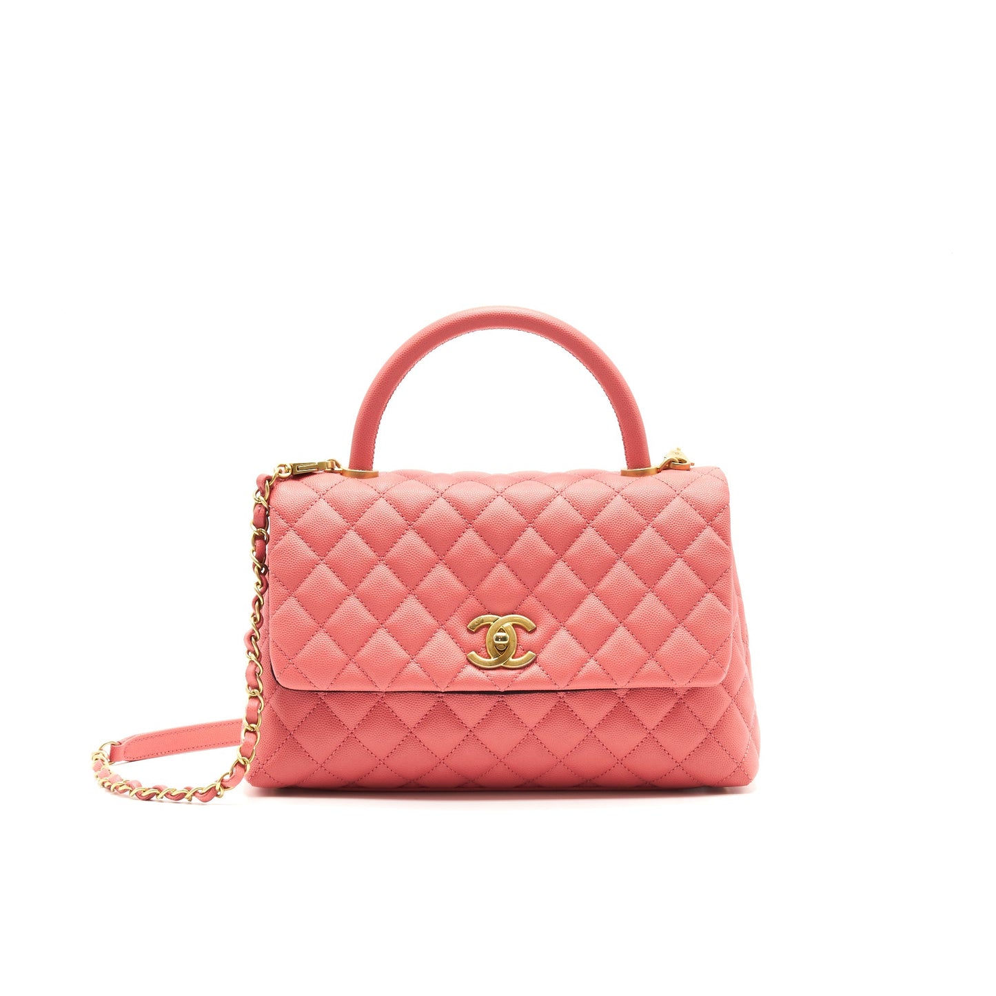 CHANEL SMALL COCO HANDLE FLAP BAG GRAINED CALFSKIN IN CORAL PINK