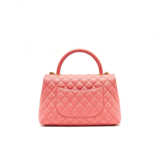 CHANEL SMALL COCO HANDLE FLAP BAG GRAINED CALFSKIN IN CORAL PINK