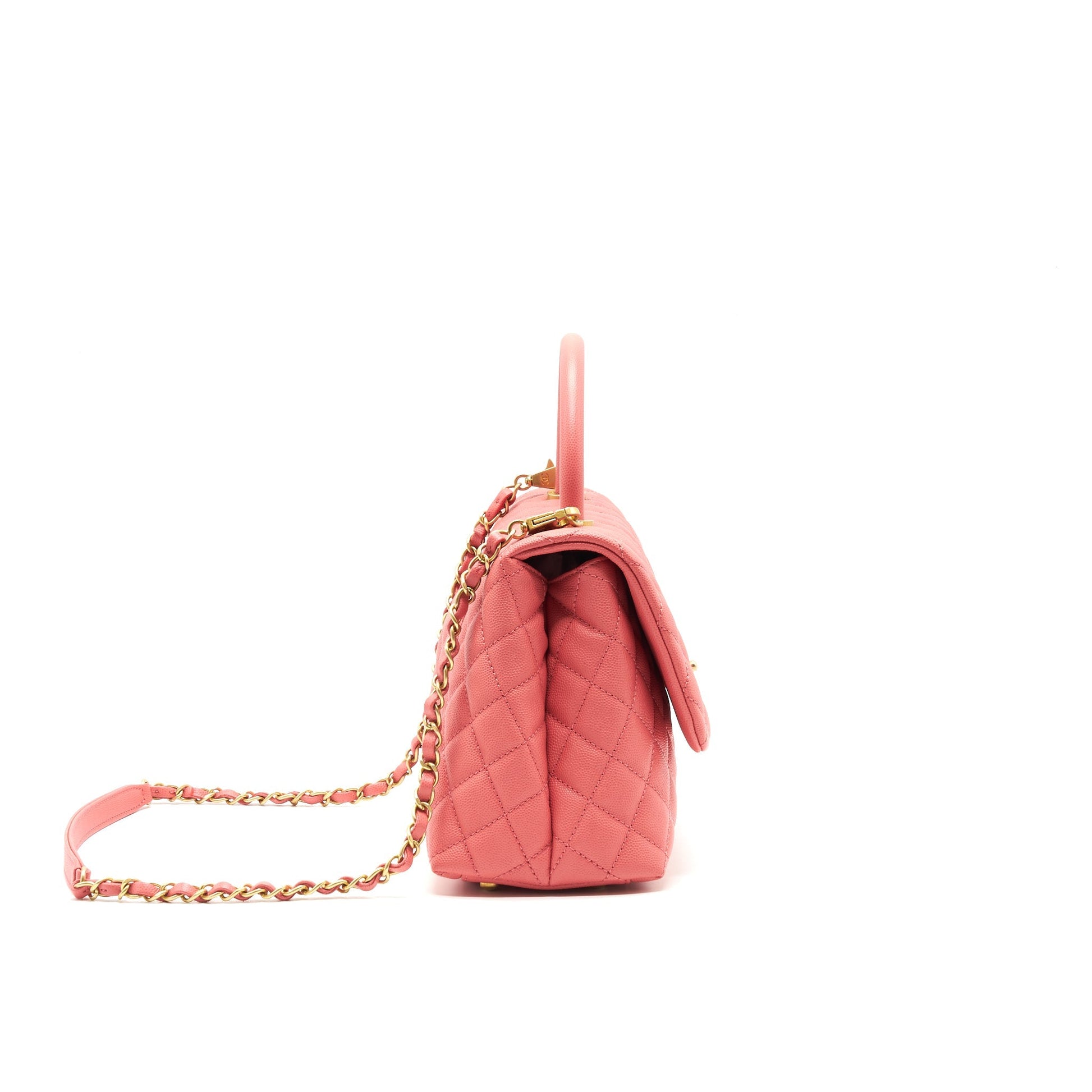 CHANEL SMALL COCO HANDLE FLAP BAG GRAINED CALFSKIN IN CORAL PINK