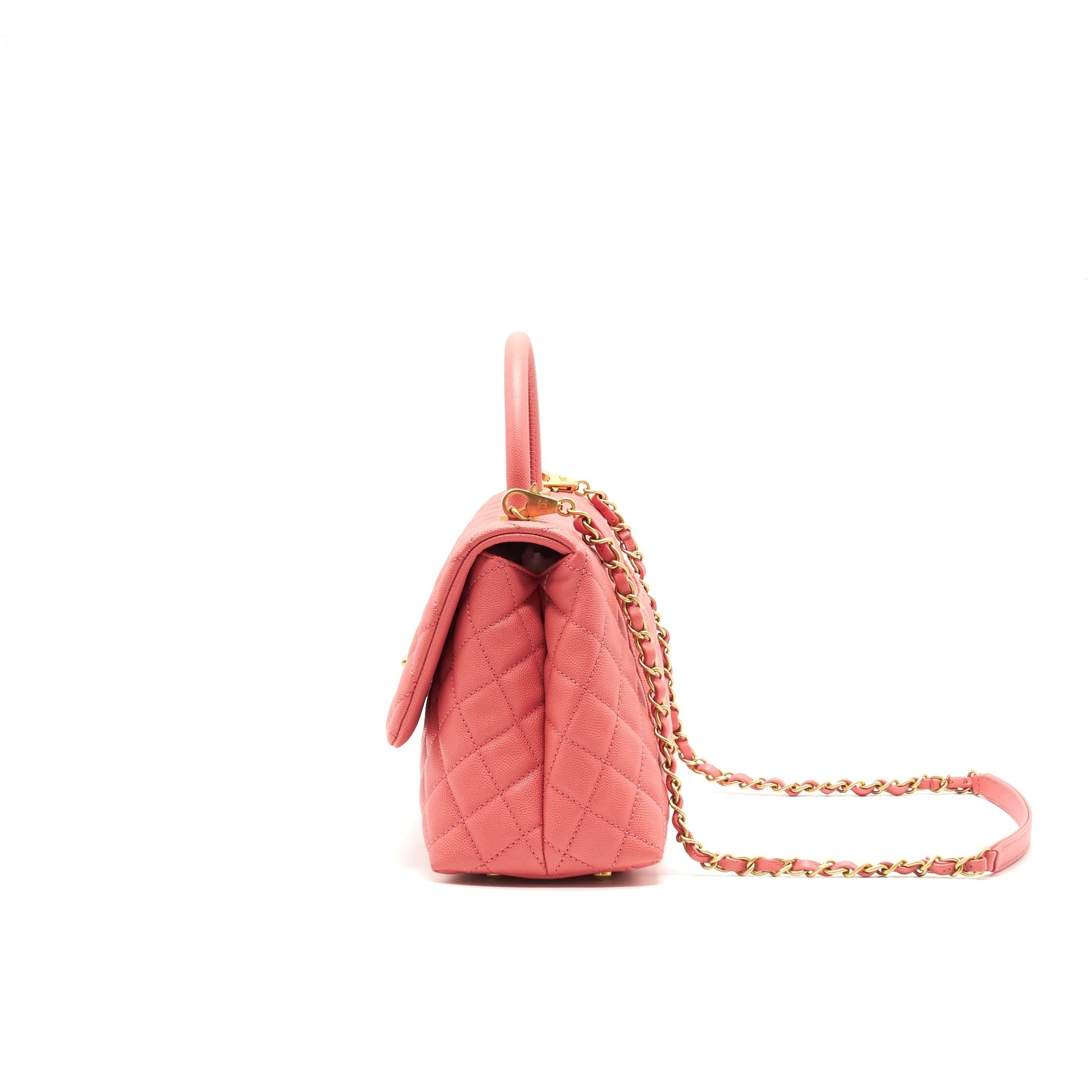 CHANEL SMALL COCO HANDLE FLAP BAG GRAINED CALFSKIN IN CORAL PINK