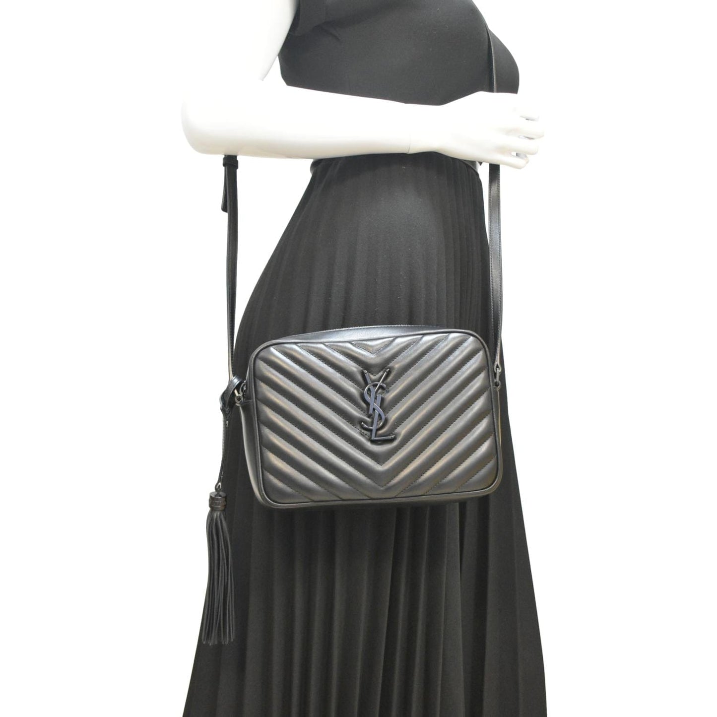 SAINT LAURENT Lou Chevron Leather Camera Crossbody Bag Black