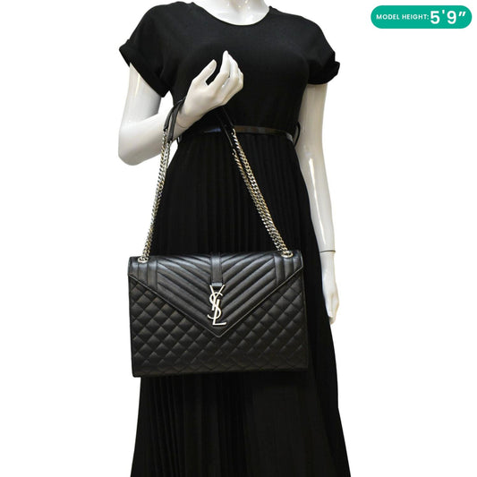 SAINT LAURENT Large Envelope Mix Matelasse Leather Chain Shoulder Bag Black