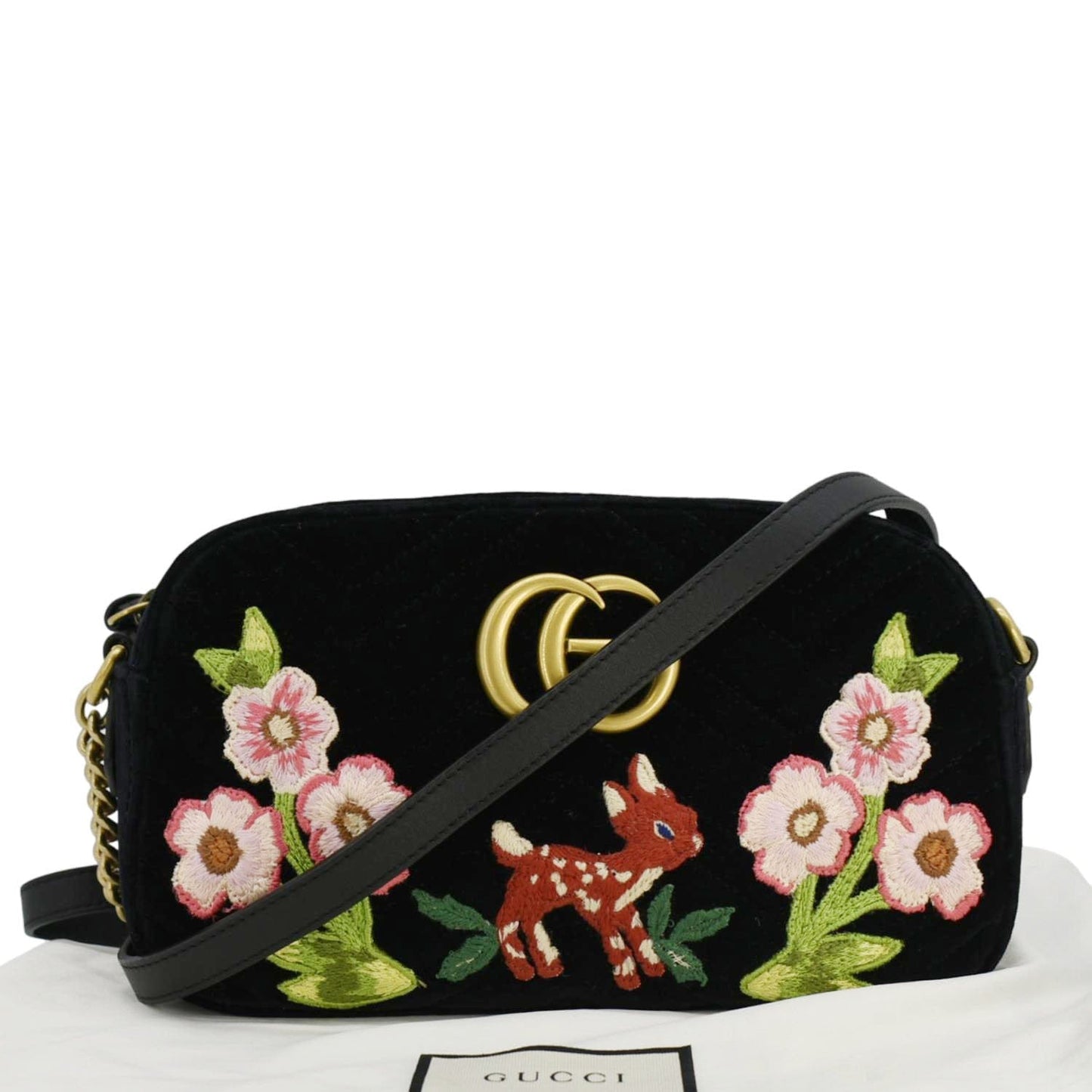 GUCCI GG Marmont Small Matelasse Deer Embroidered Velvet Camera Bag Black