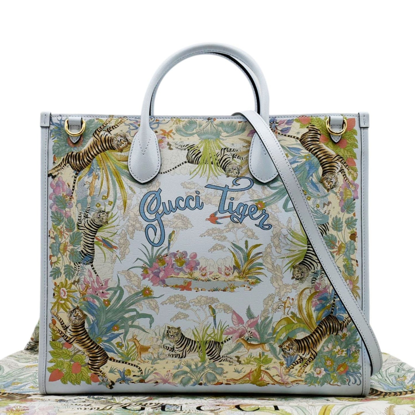 GUCCI Tiger Medium Leather Tote Shoulder Bag Light Blue 687827