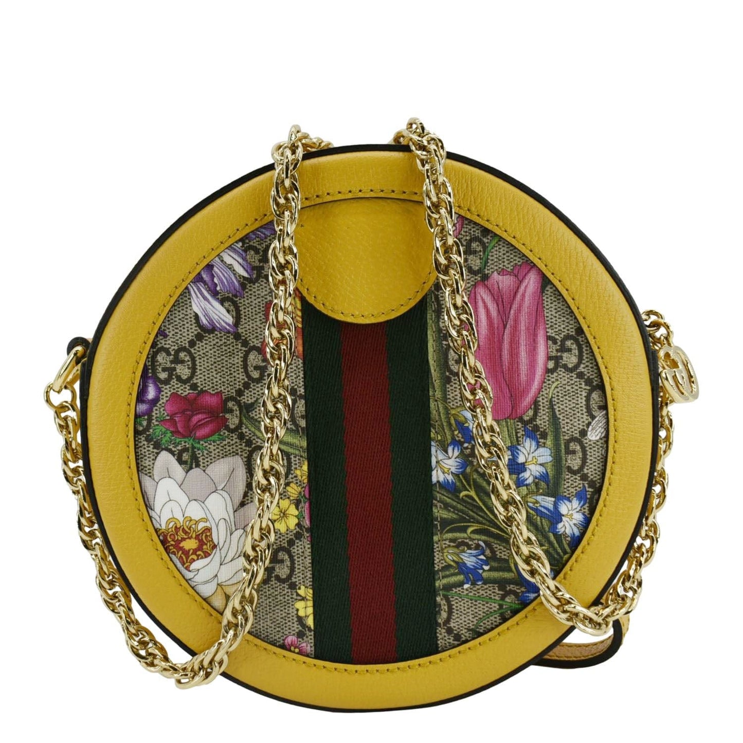 GUCCI Ophidia Mini Flora GG Round Supreme Monogram Web Crossbody Bag Yellow 550618