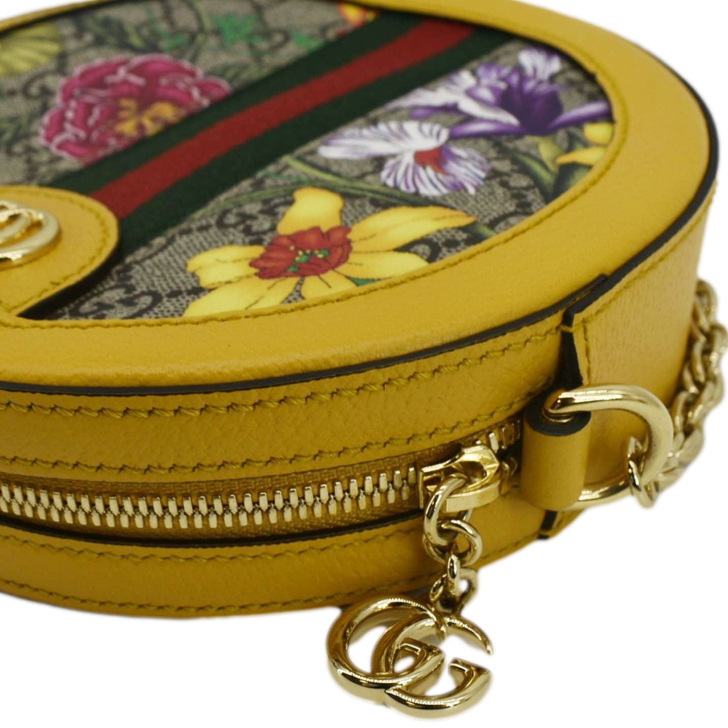 GUCCI Ophidia Mini Flora GG Round Supreme Monogram Web Crossbody Bag Yellow 550618