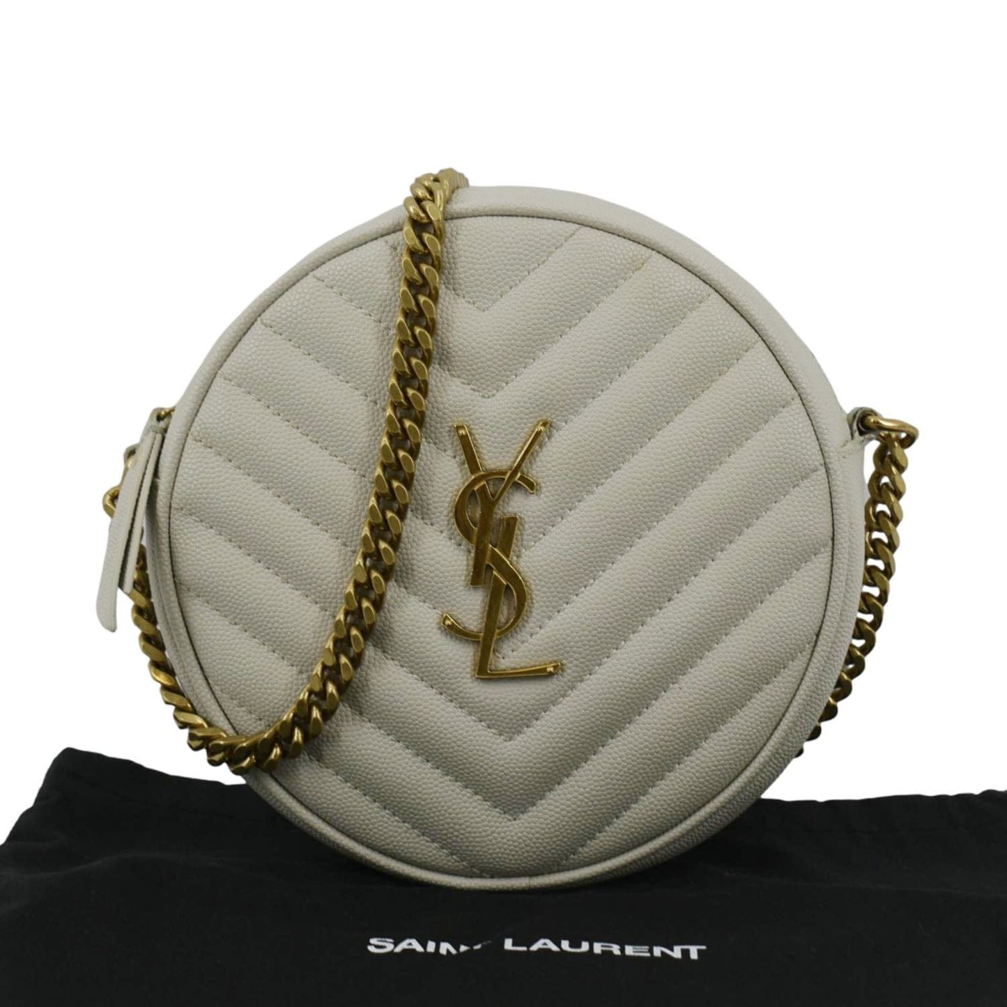 SAINT LAURENT Vinyle Round Chevron Leather Camera Crossbody Bag Grey