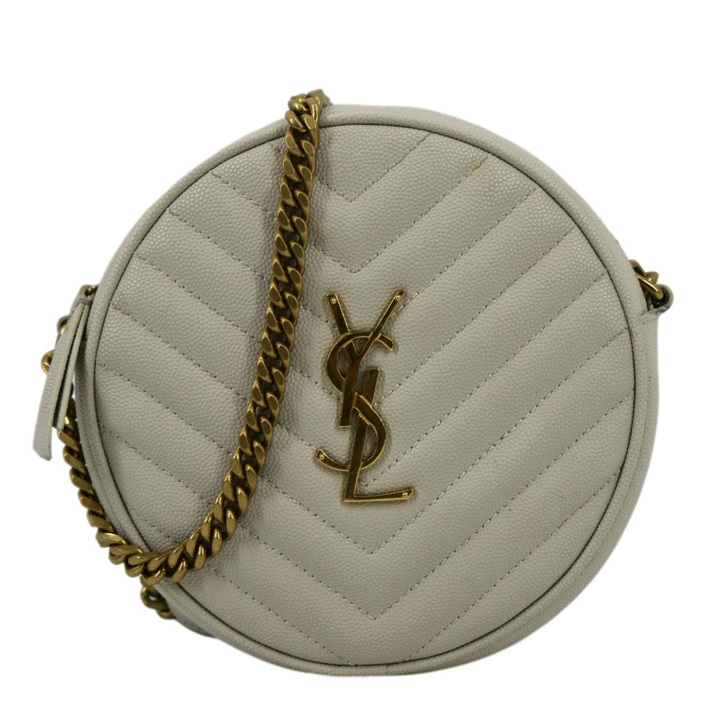 SAINT LAURENT Vinyle Round Chevron Leather Camera Crossbody Bag Grey