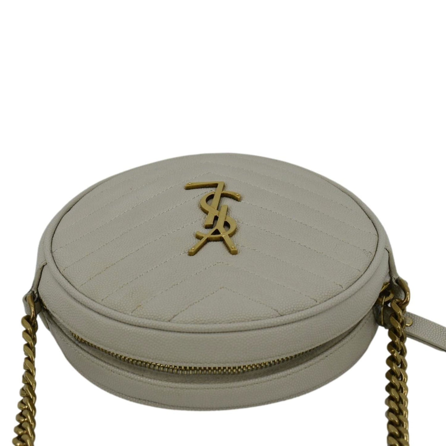 SAINT LAURENT Vinyle Round Chevron Leather Camera Crossbody Bag Grey