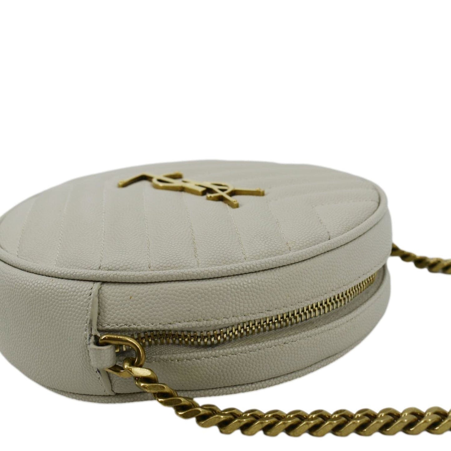 SAINT LAURENT Vinyle Round Chevron Leather Camera Crossbody Bag Grey