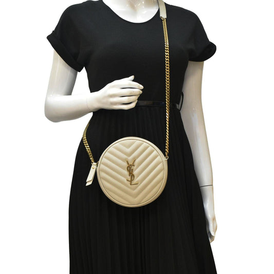 SAINT LAURENT Vinyle Round Chevron Leather Camera Crossbody Bag Grey