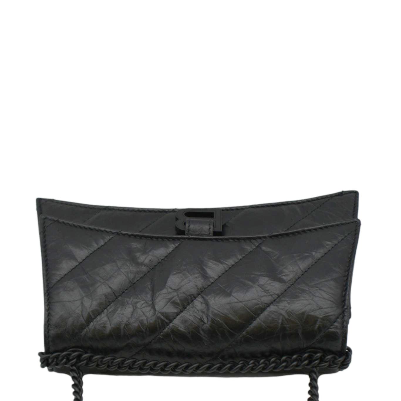 BALENCIAGA Hourglass Crushed Leather Chain Wallet Shoulder Bag Black