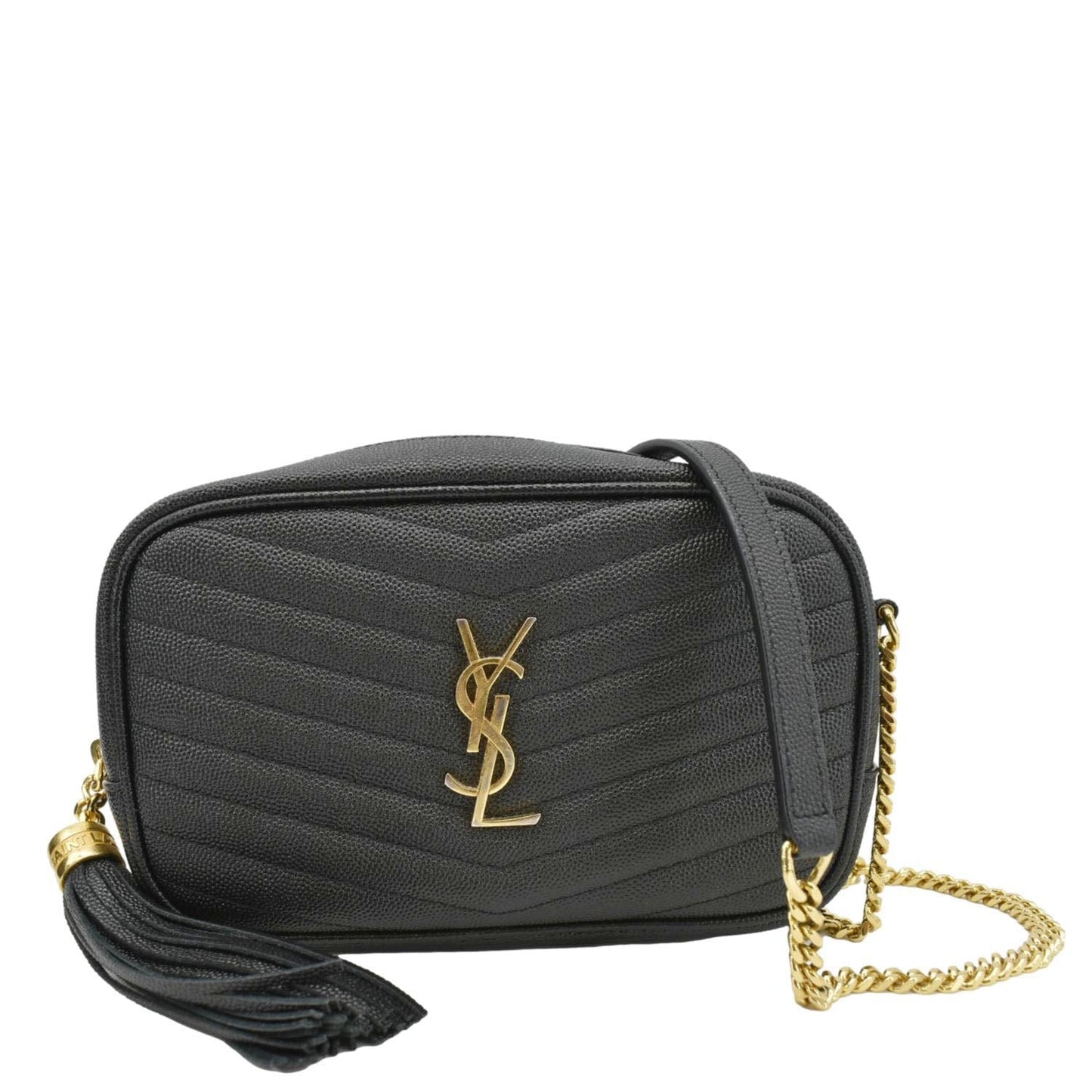 SAINT LAURENT Lou Mini Chevron Leather Camera Crossbody Bag Black
