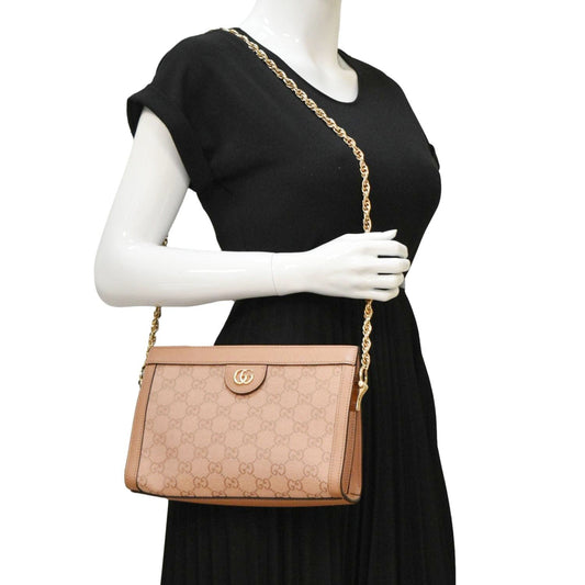 GUCCI Ophidia Small GG Canvas Chain Shoulder Bag Pink 503877