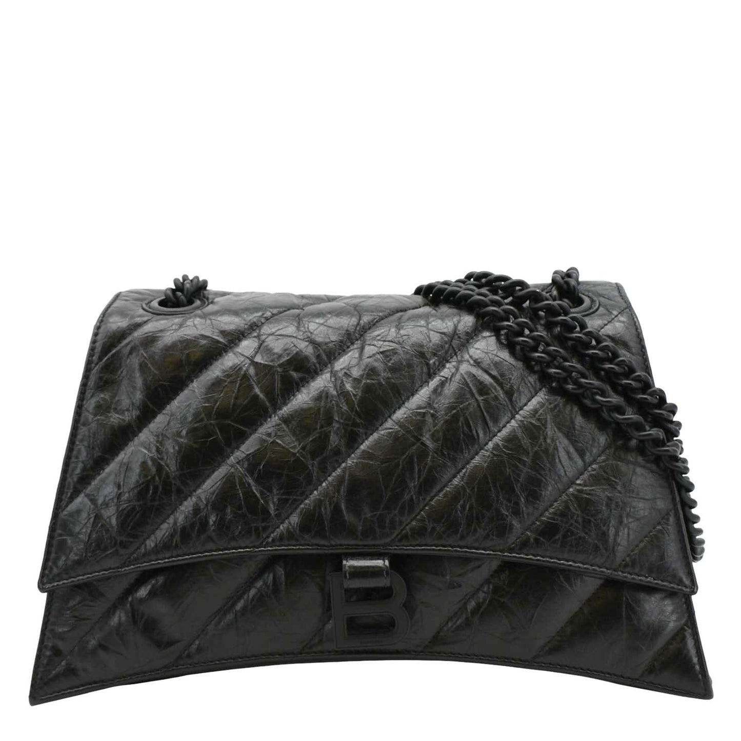 BALENCIAGA Hourglass Medium Crushed Leather Chain Wallet Shoulder Bag Black