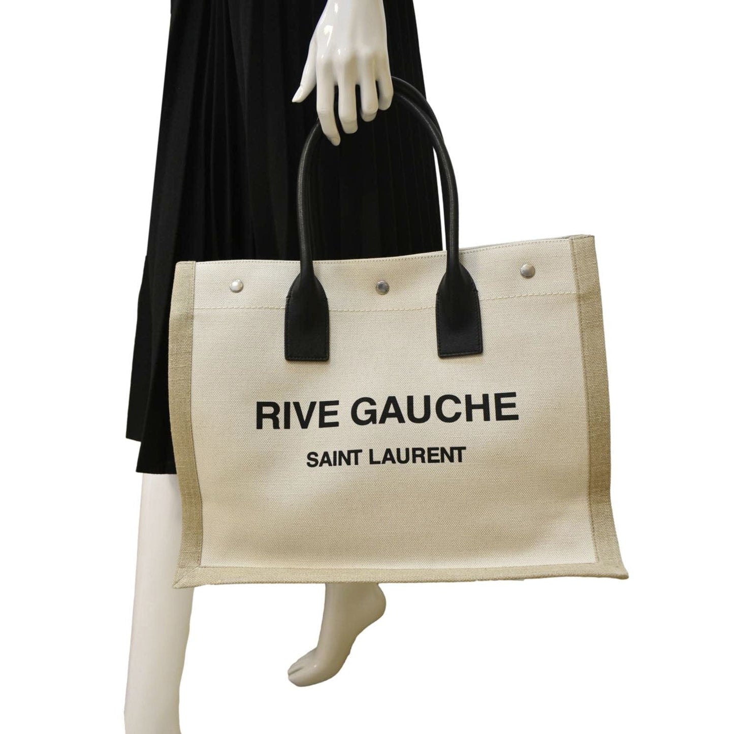 SAINT LAURENT Rive Gauche Small Linen Leather Tote Griege