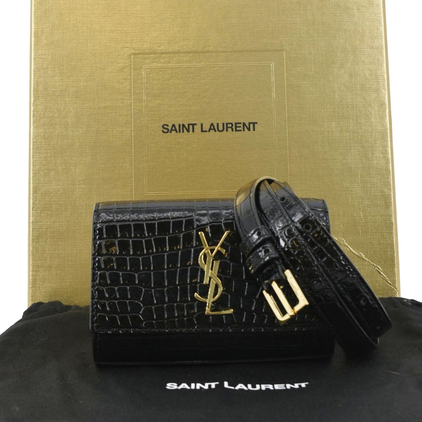 SAINT LAURENT Kate Crocodile Embossed Leather Belt Bag Black