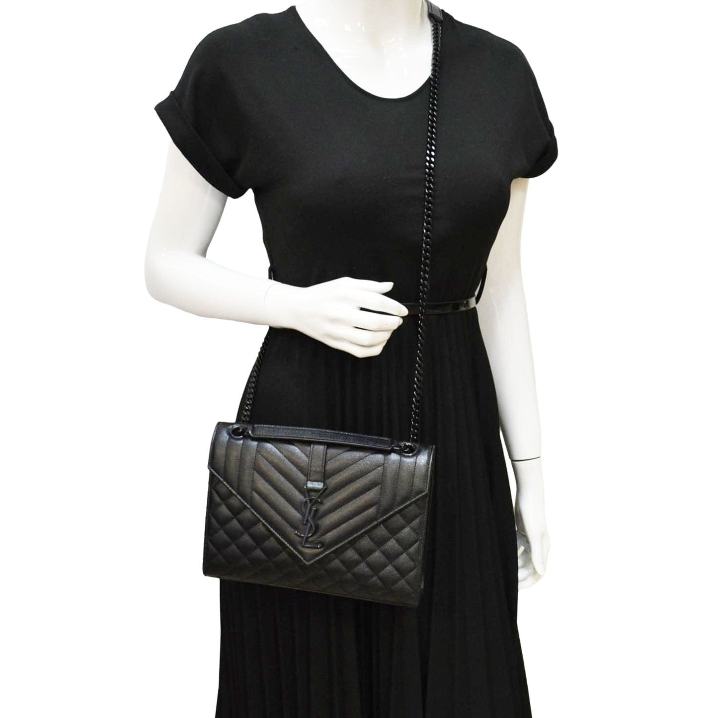 SAINT LAURENT Envelope Medium Mixed Matelasse Leather Shoulder Bag Black