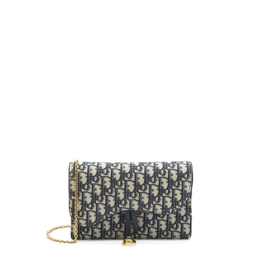 Dior Saddle Pouch With Chain Blue Dior Oblique Jacquard