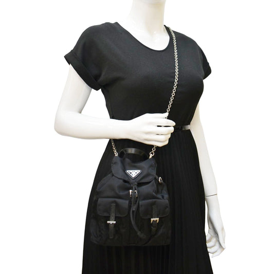 PRADA Double Pocket Mini Nylon Backpack Crossbody Bag Black