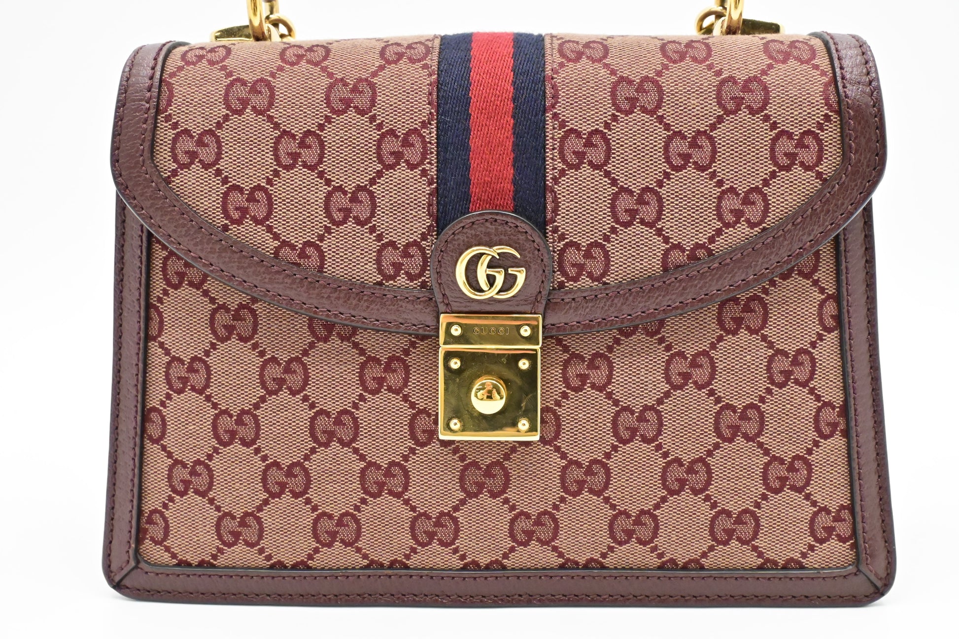 Gucci Ophidia Top Handle Bag in Burgundy GG Canvas & Leather