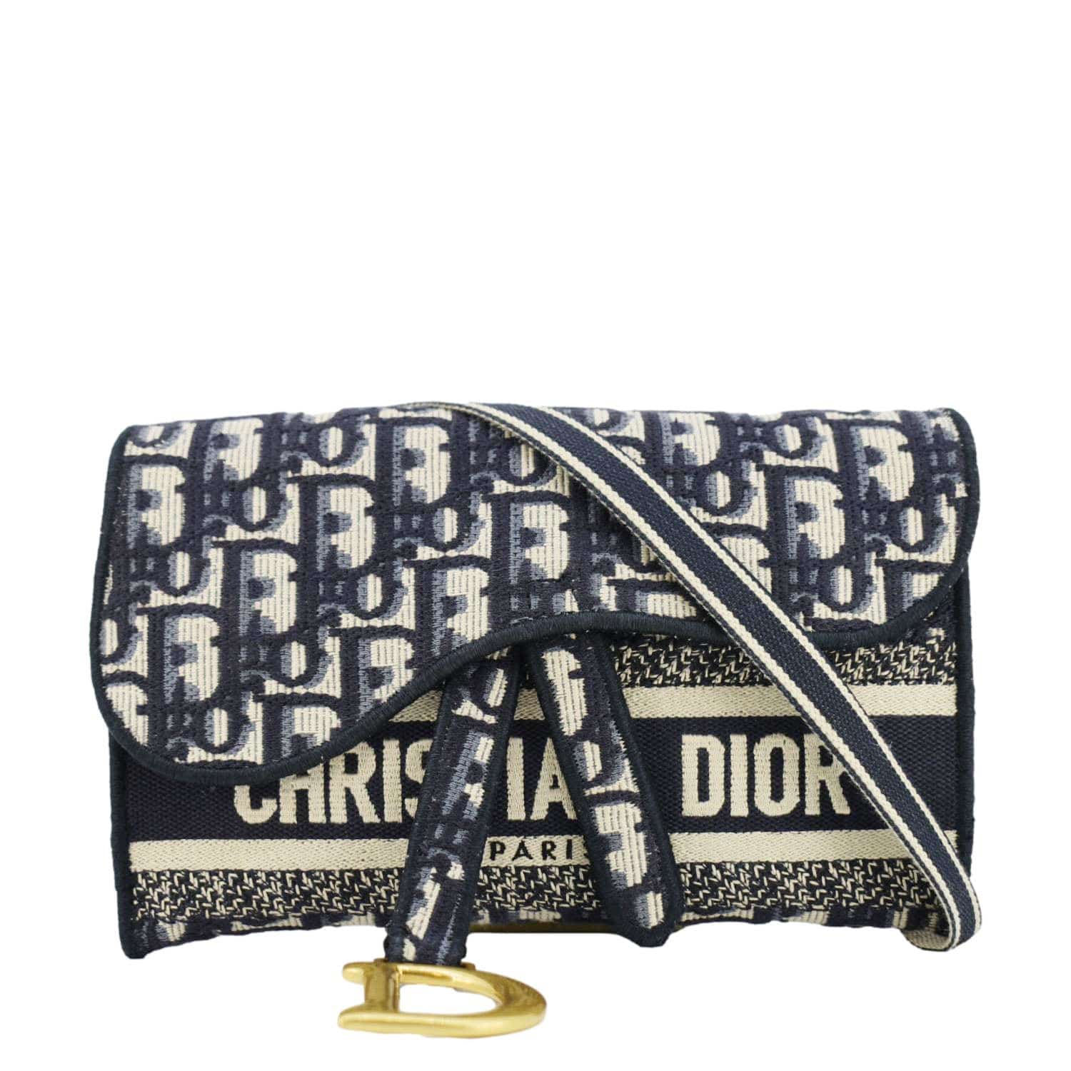 CHRISTIAN DIOR Saddle Slim Oblique Canvas Crossbody Bag Navy Blue