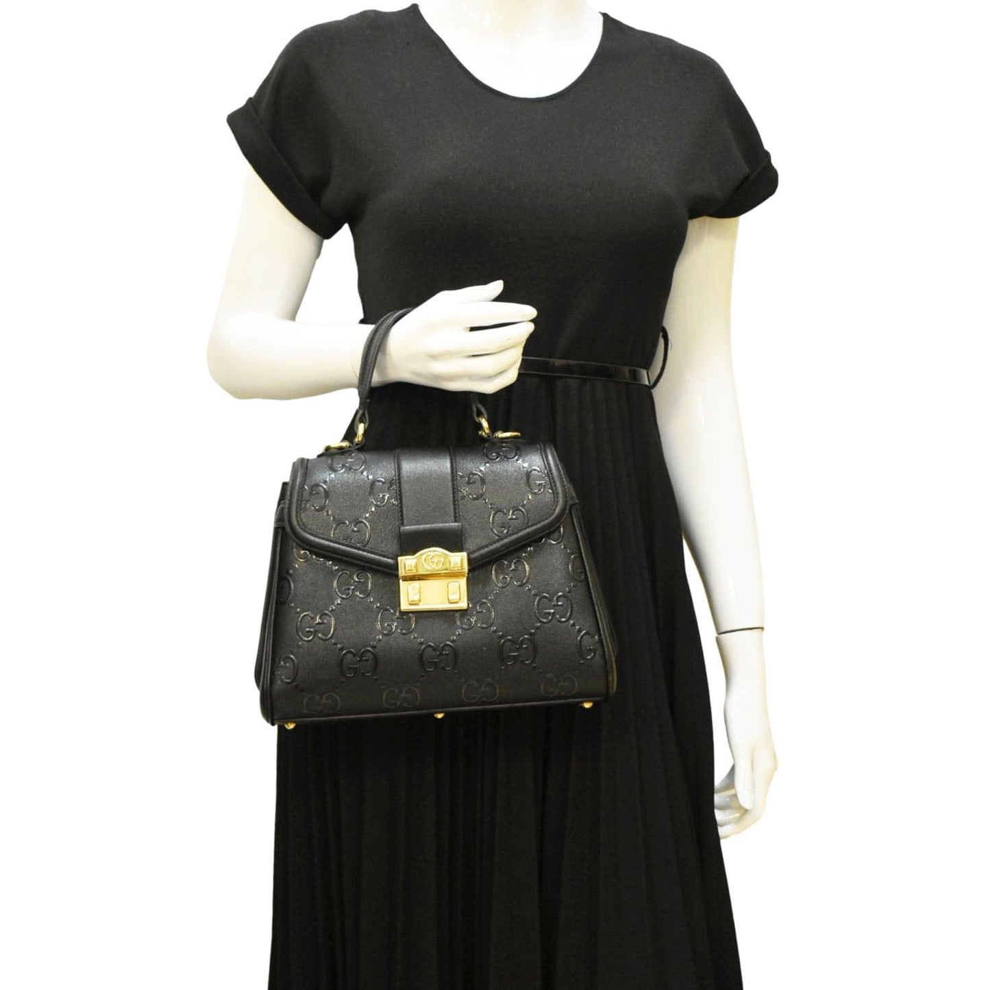 GUCCI Small GG Leather Top Handle Shoulder Bag Black 675791