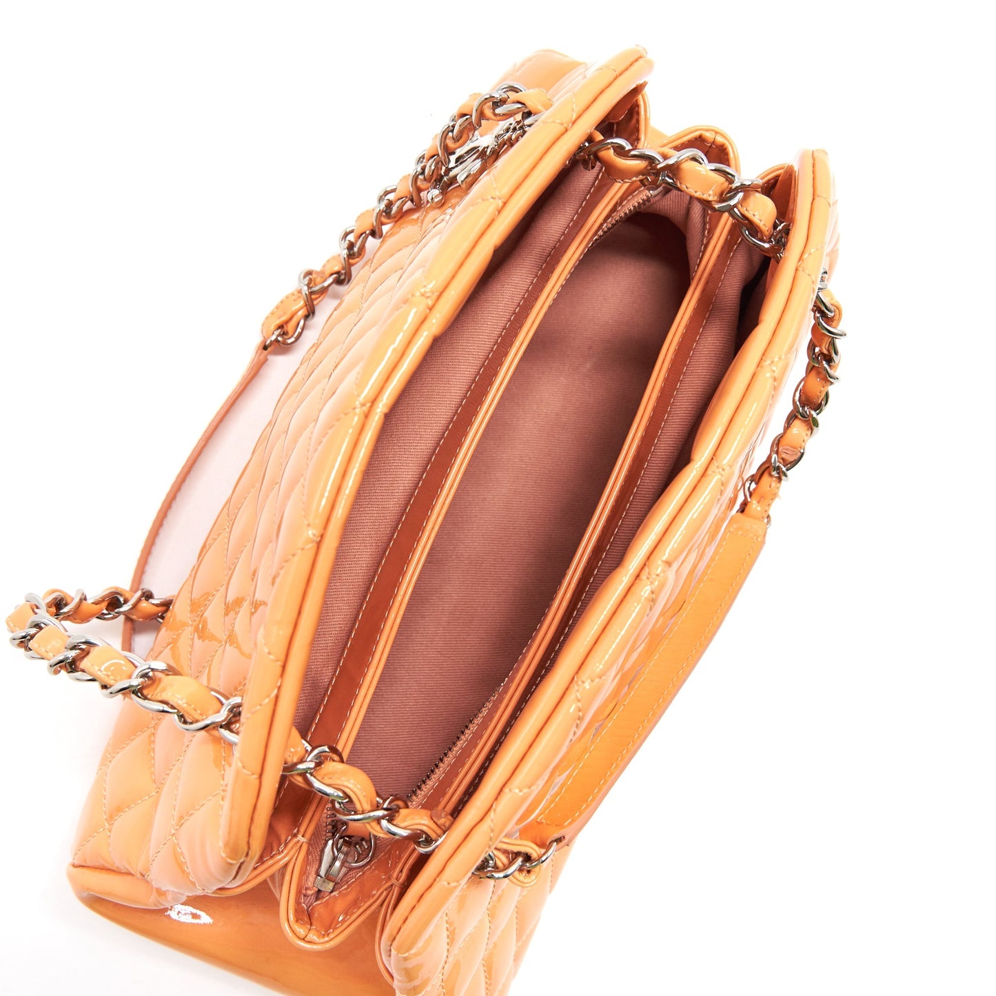 CHANEL Just Mademoiselle Patent Bowling Bag Orange Pink