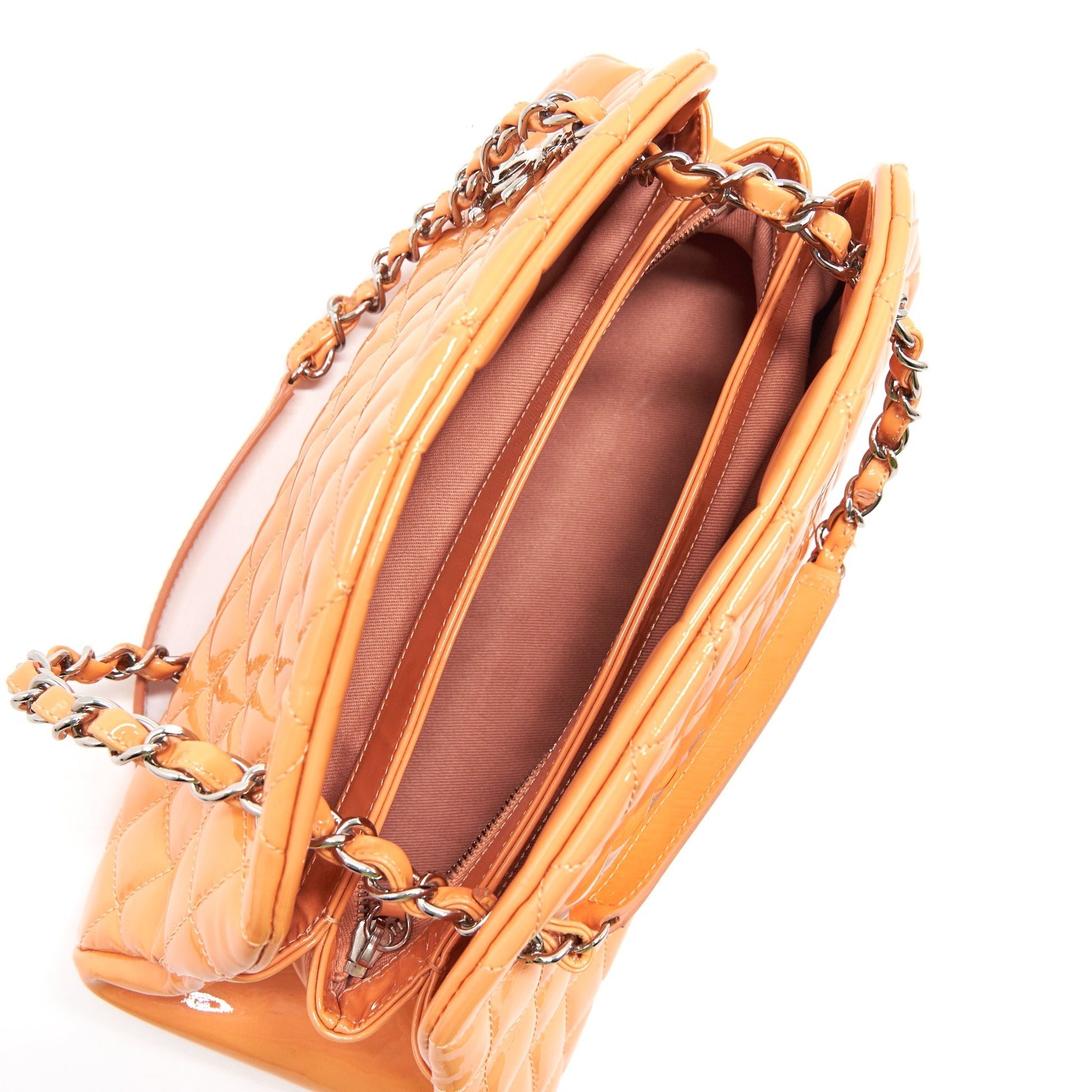 CHANEL Just Mademoiselle Patent Bowling Bag Orange Pink