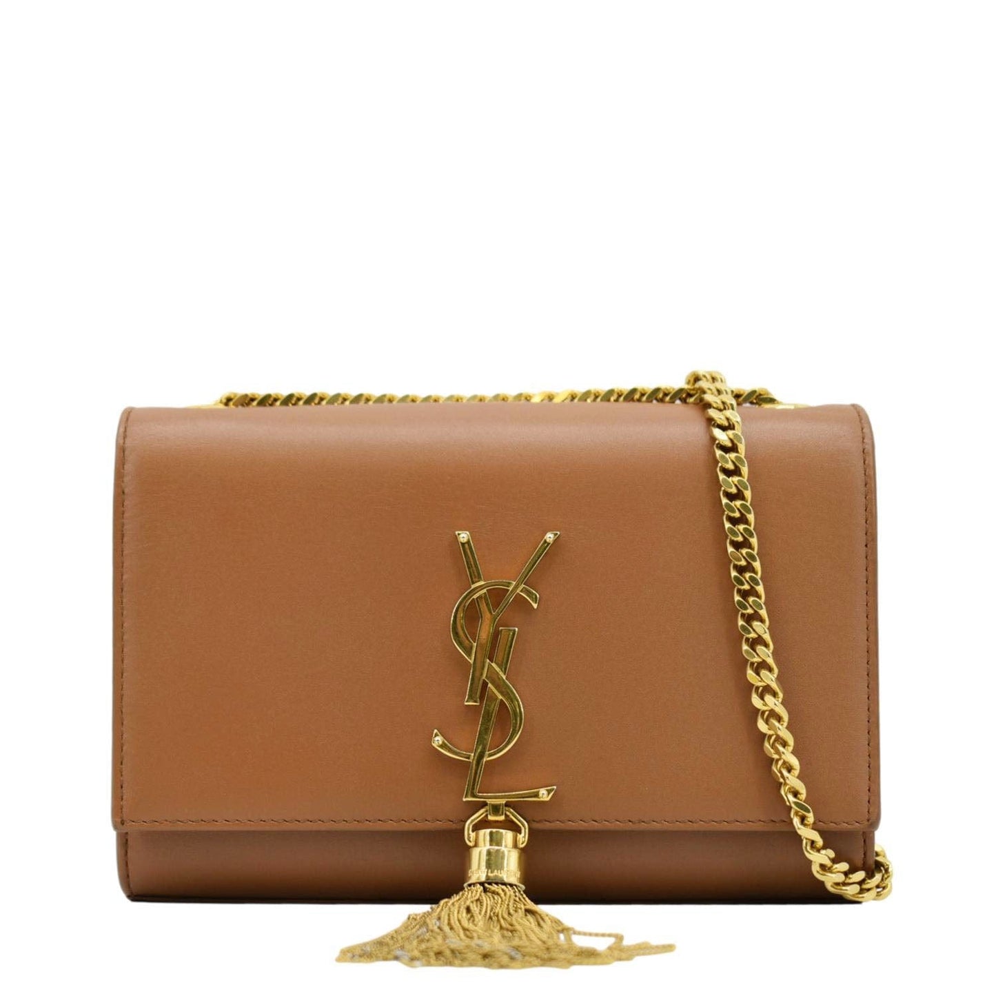 SAINT LAURENT Kate Leather Chain Clutch Crossbody Bag Tan