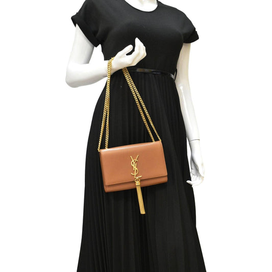 SAINT LAURENT Kate Leather Chain Clutch Crossbody Bag Tan