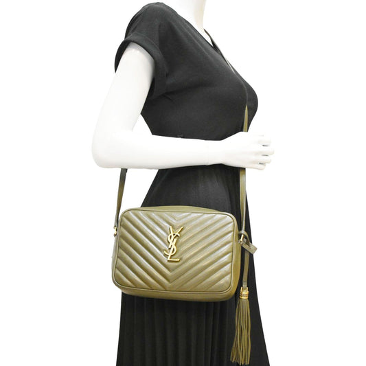 SAINT LAURENT Lou Chevron Leather Camera Crossbody Bag Olive