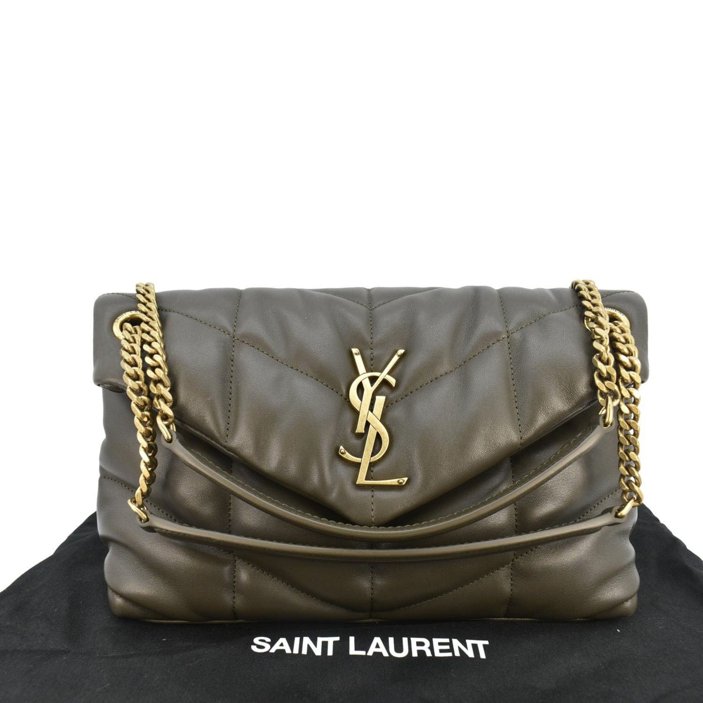 SAINT LAURENT Loulou Puffer Small Quilted Lambskin Leather Chain Crossbody Bag Olive