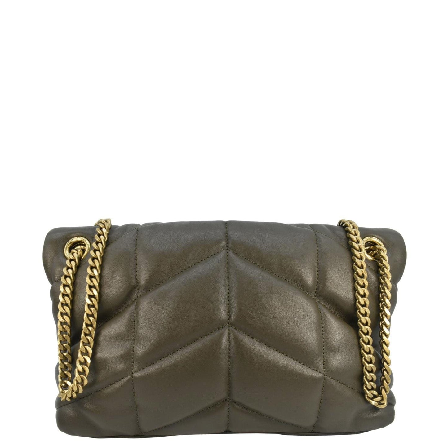 SAINT LAURENT Loulou Puffer Small Quilted Lambskin Leather Chain Crossbody Bag Olive