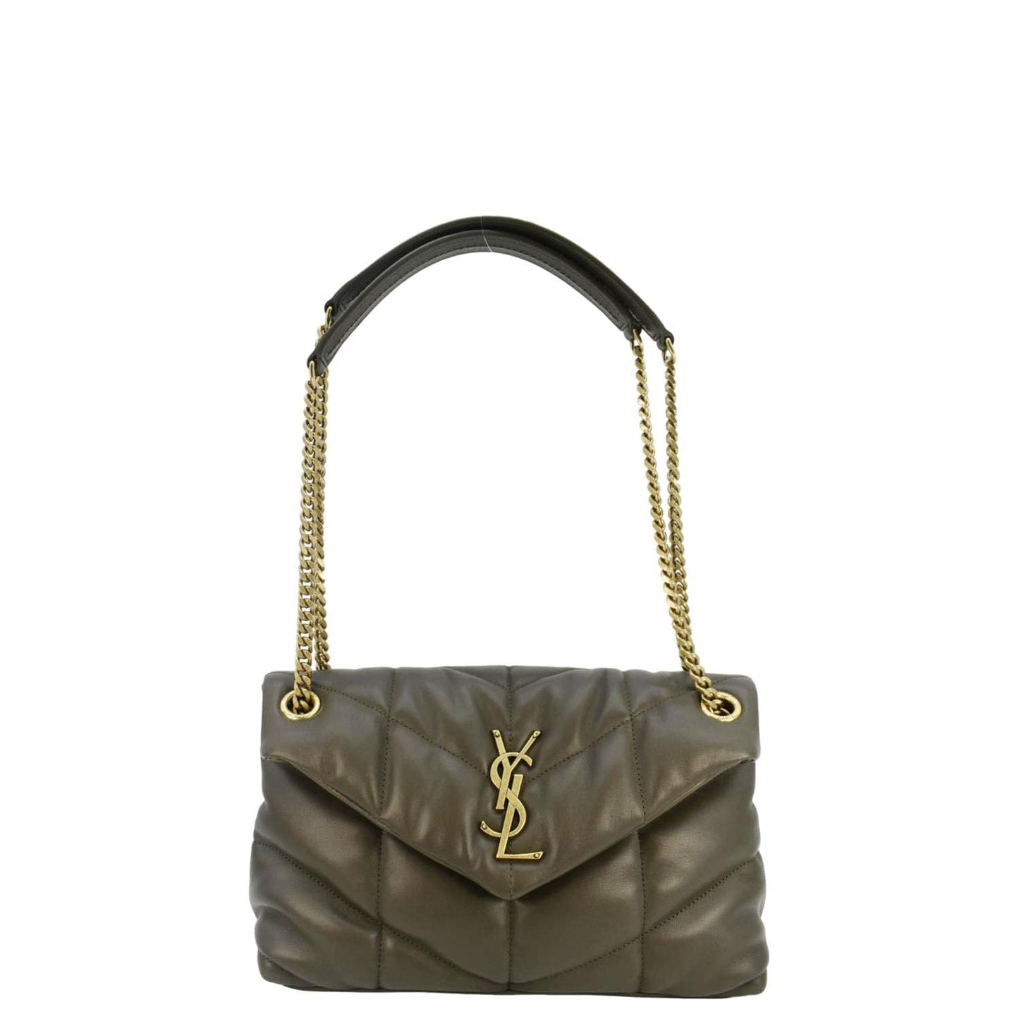 SAINT LAURENT Loulou Puffer Small Quilted Lambskin Leather Chain Crossbody Bag Olive