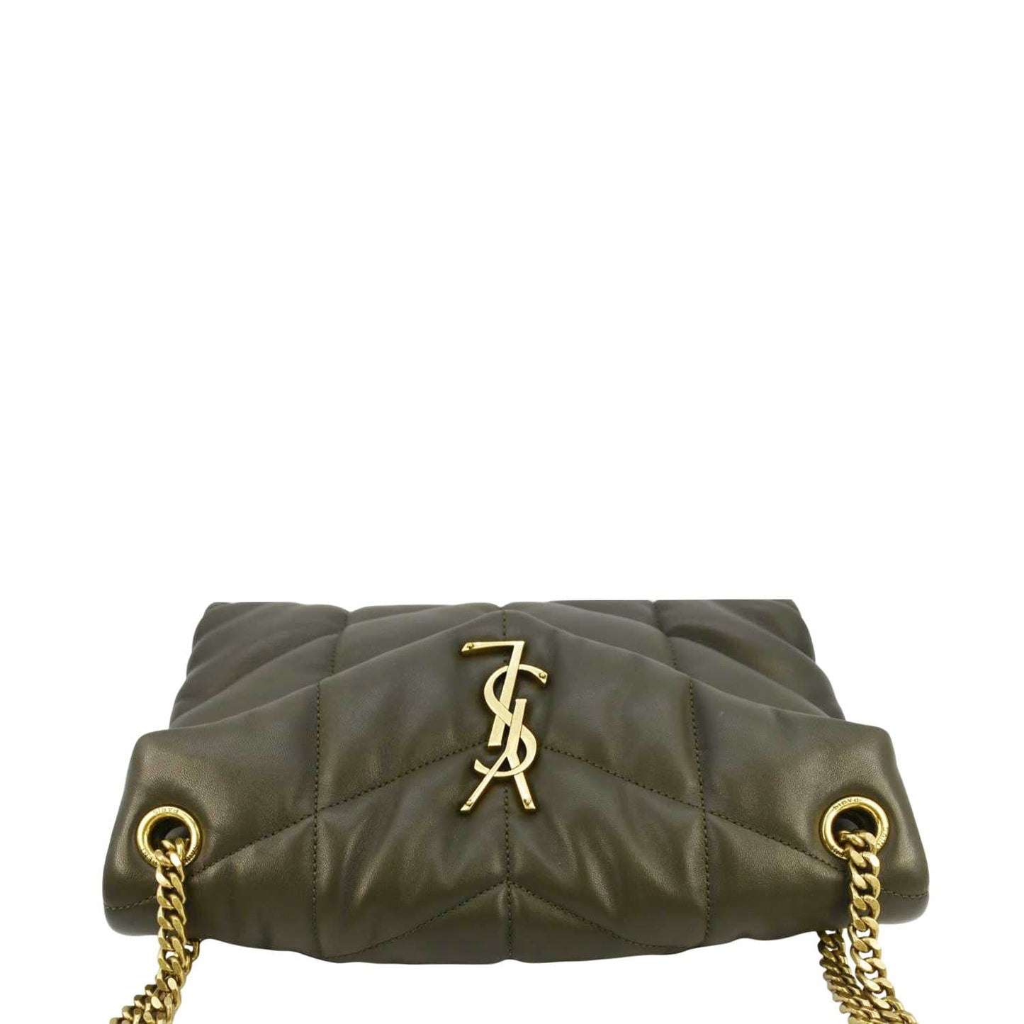 SAINT LAURENT Loulou Puffer Small Quilted Lambskin Leather Chain Crossbody Bag Olive