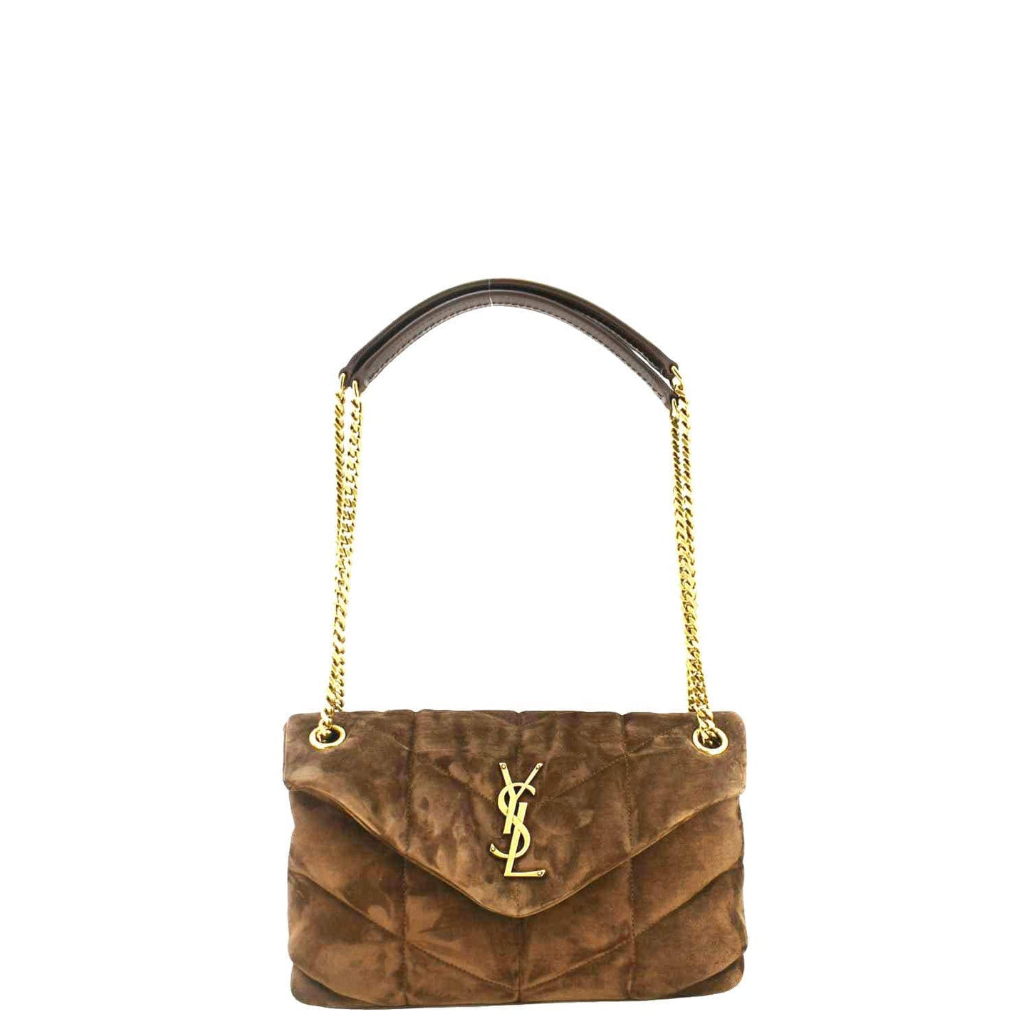 SAINT LAURENT Loulou Puffer Quilted Suede Chain Shoulder Bag Brown