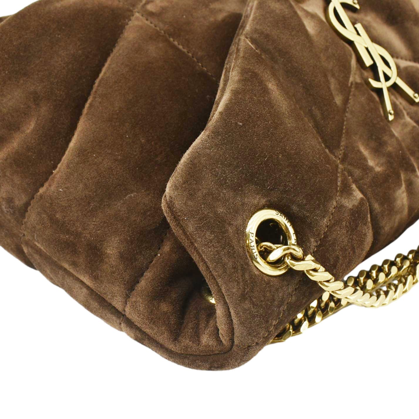 SAINT LAURENT Loulou Puffer Quilted Suede Chain Shoulder Bag Brown