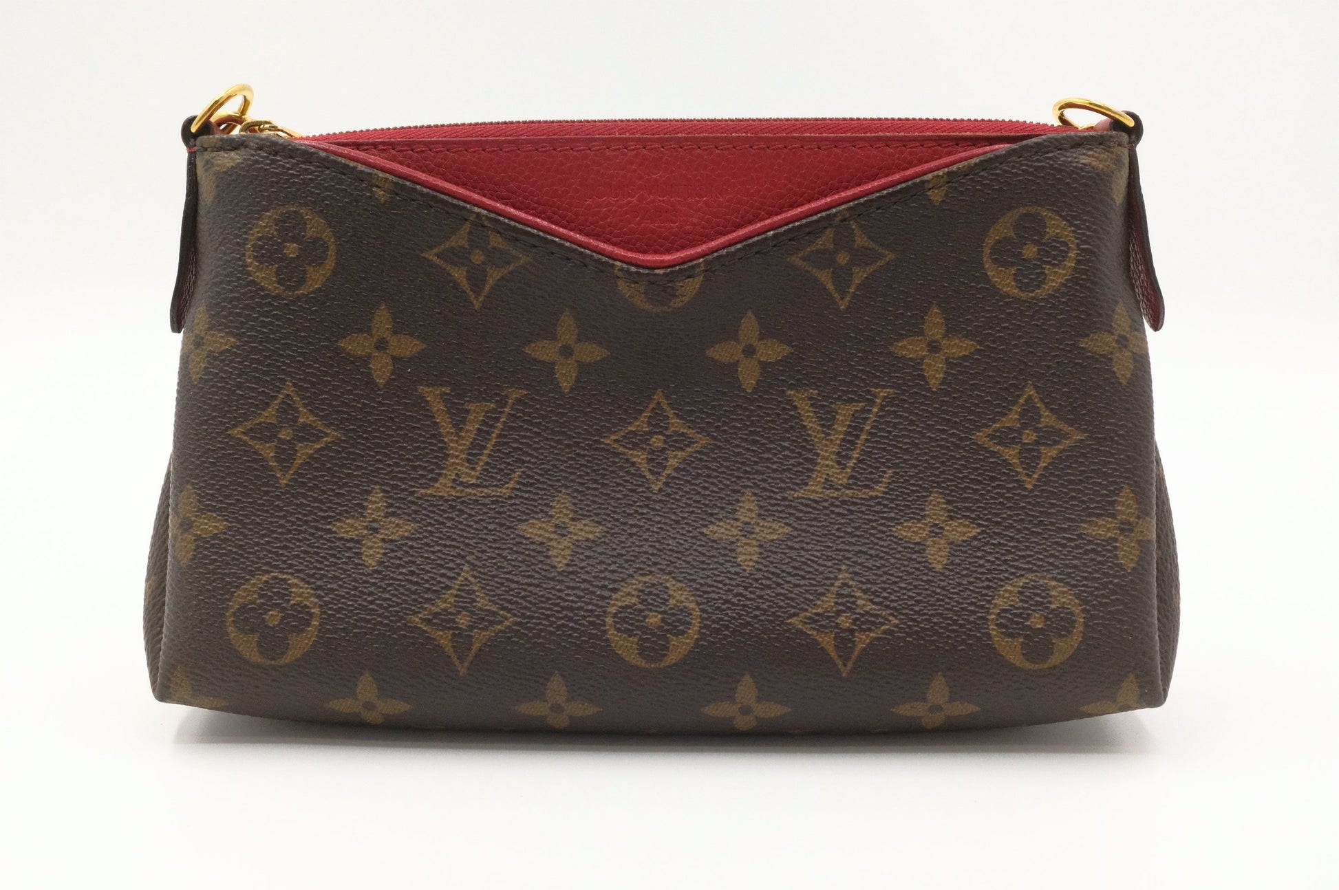 Louis Vuitton Pallas Clutch in Monogram Canvas and Red Leather
