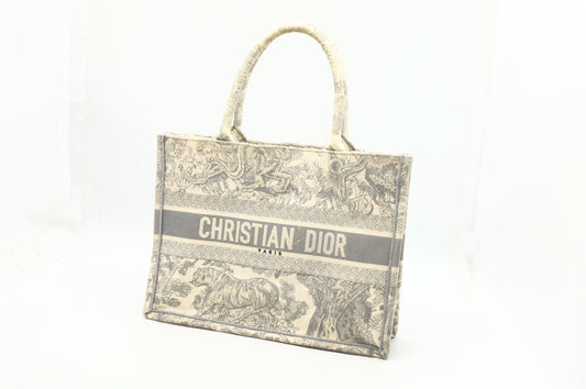 Dior Medium Book Tote in Gray Ecru Toile De Jouy Reverse Embroidery