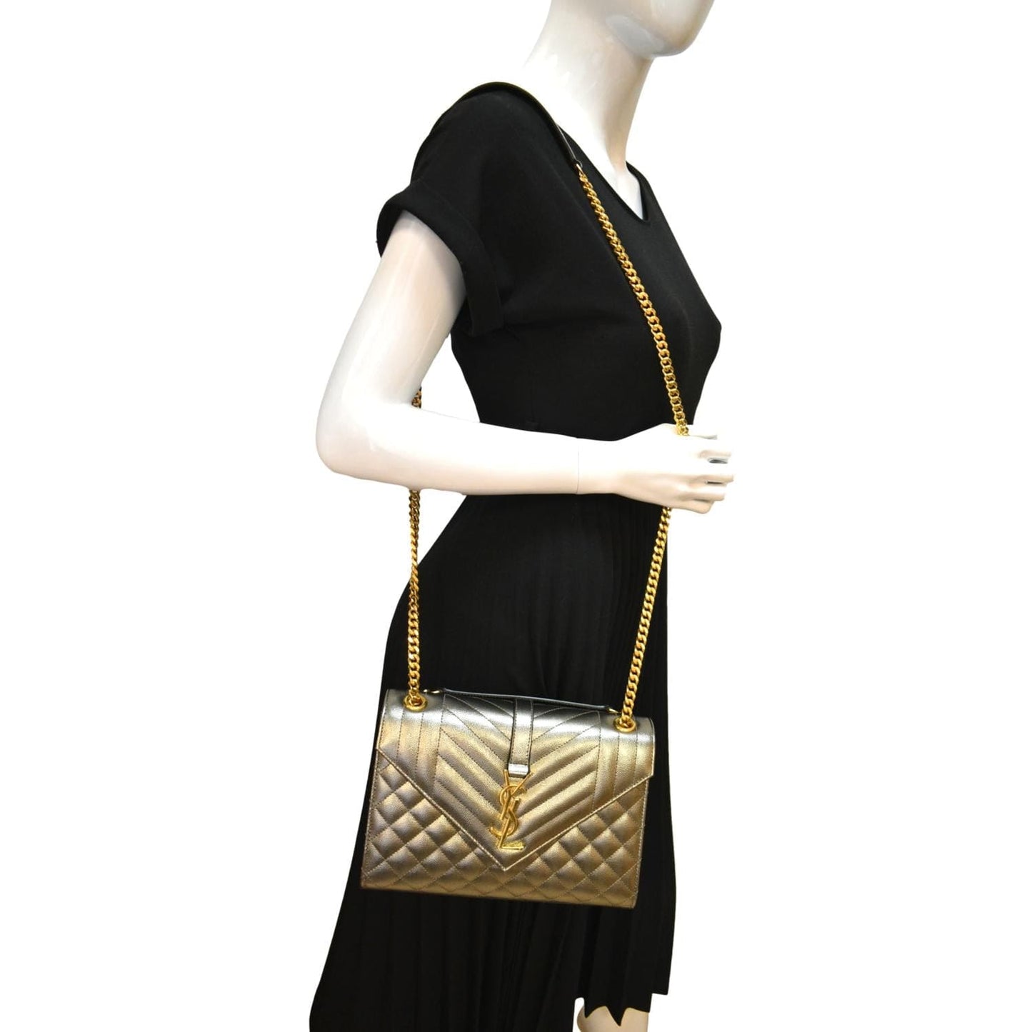 SAINT LAURENT Envelope Medium Matelasse Leather Shoulder Bag Metallic