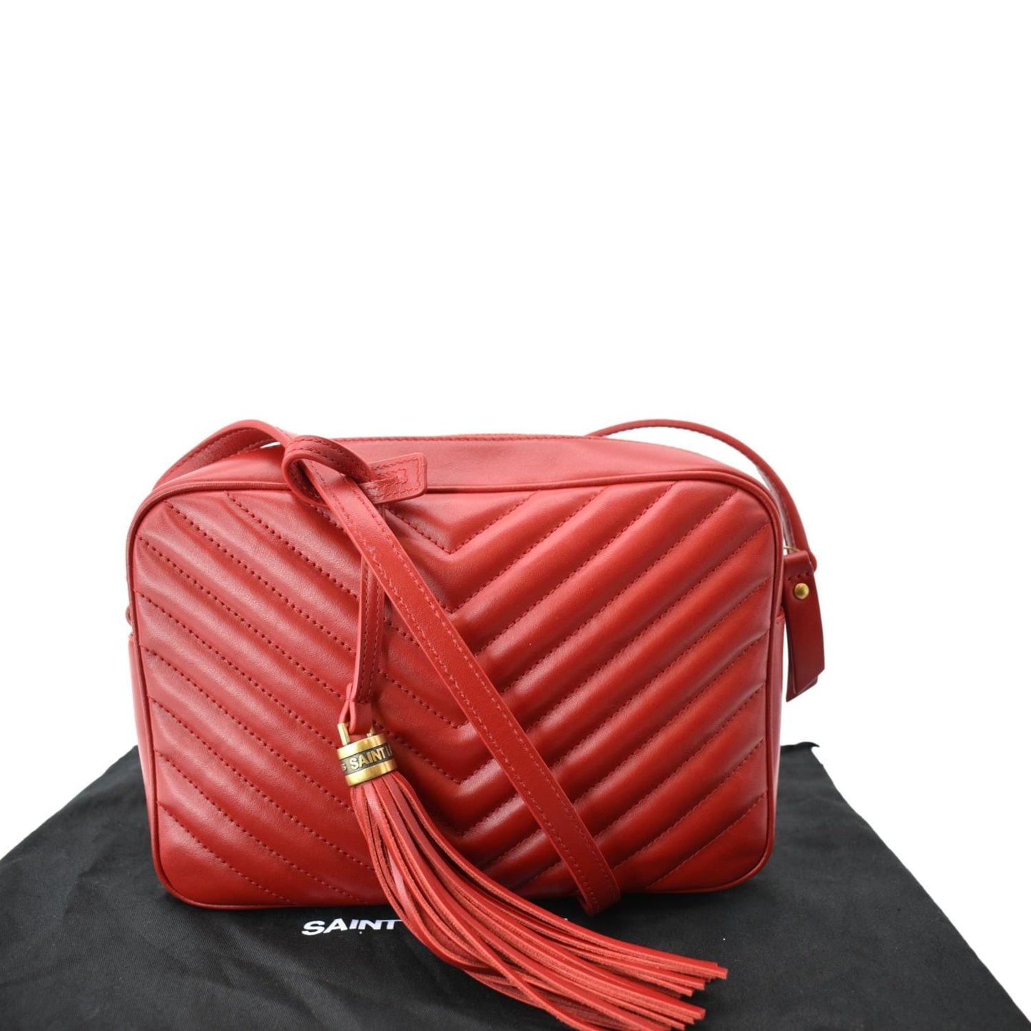 SAINT LAURENT Lou Chevron Leather Camera Crossbody Bag Red