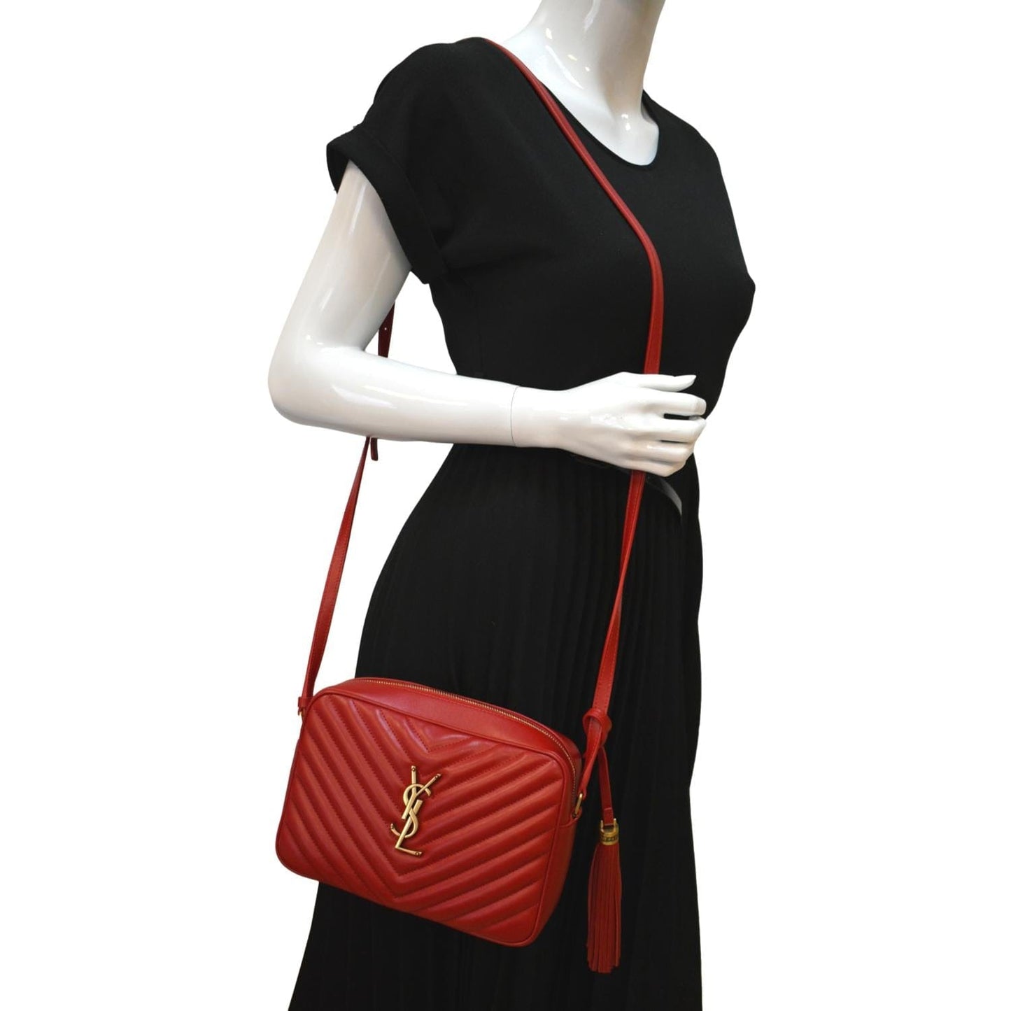 SAINT LAURENT Lou Chevron Leather Camera Crossbody Bag Red