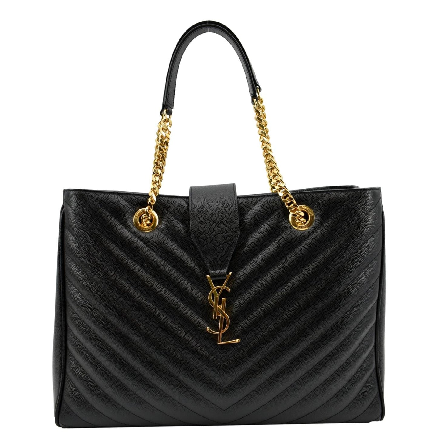 SAINT LAURENT Chevron Leather Shopping Tote Shoulder Bag Black