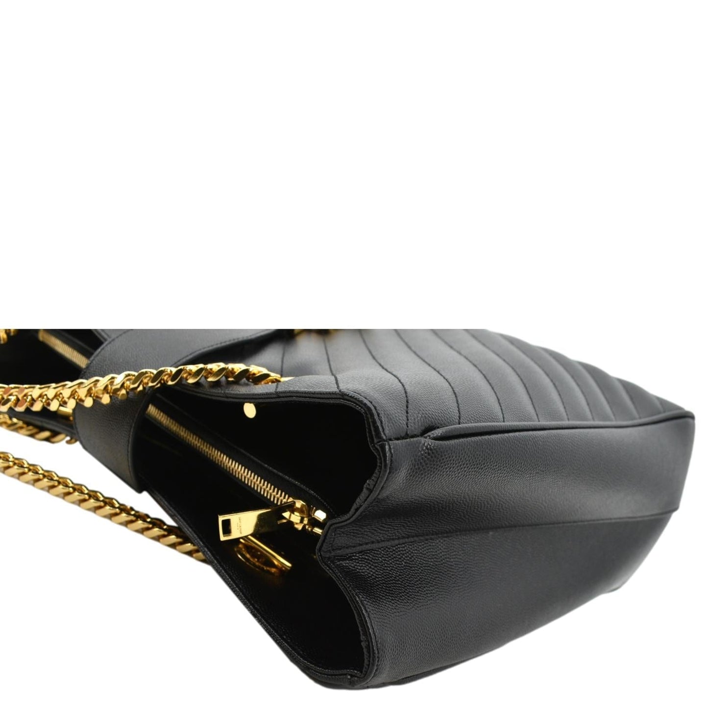 SAINT LAURENT Chevron Leather Shopping Tote Shoulder Bag Black