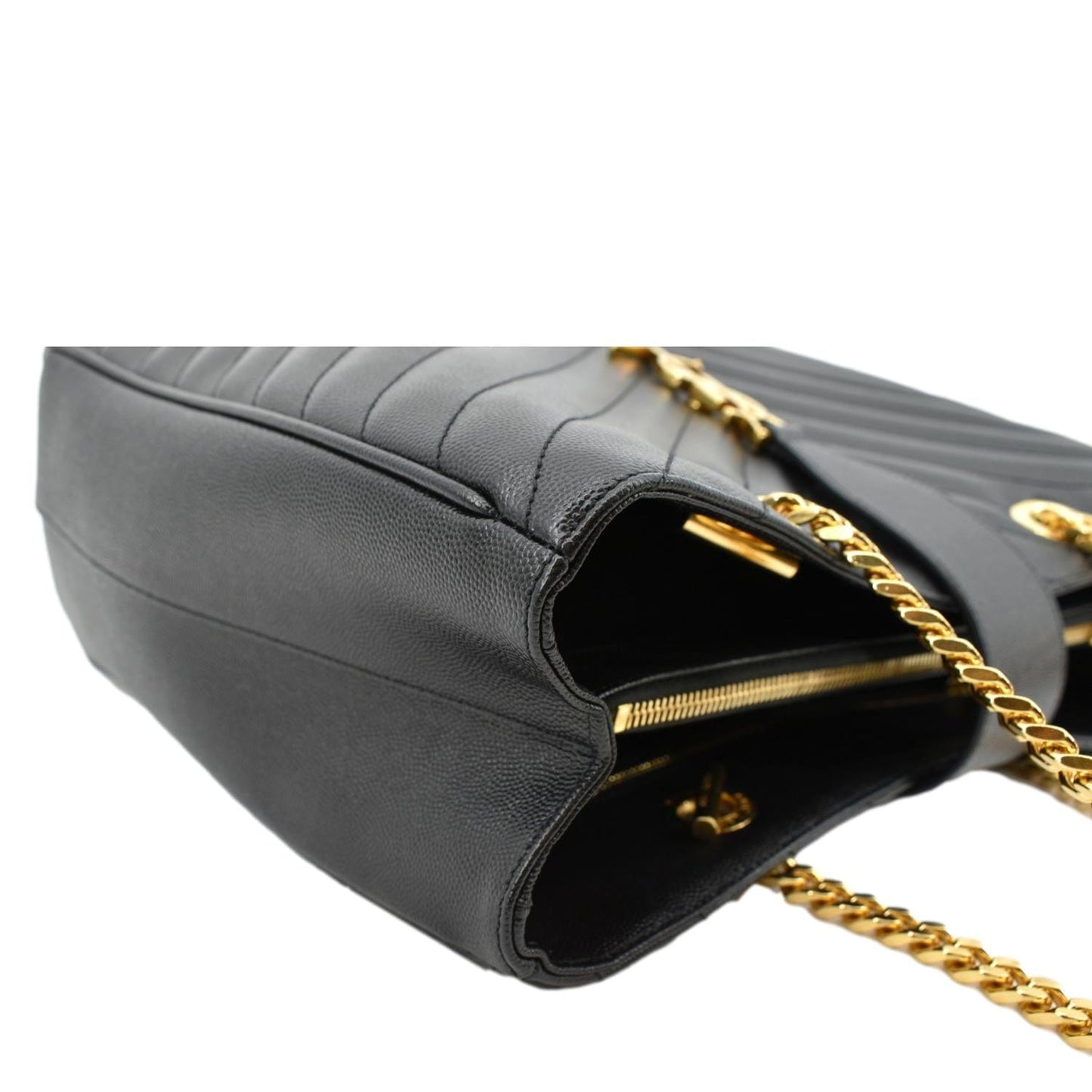 SAINT LAURENT Chevron Leather Shopping Tote Shoulder Bag Black