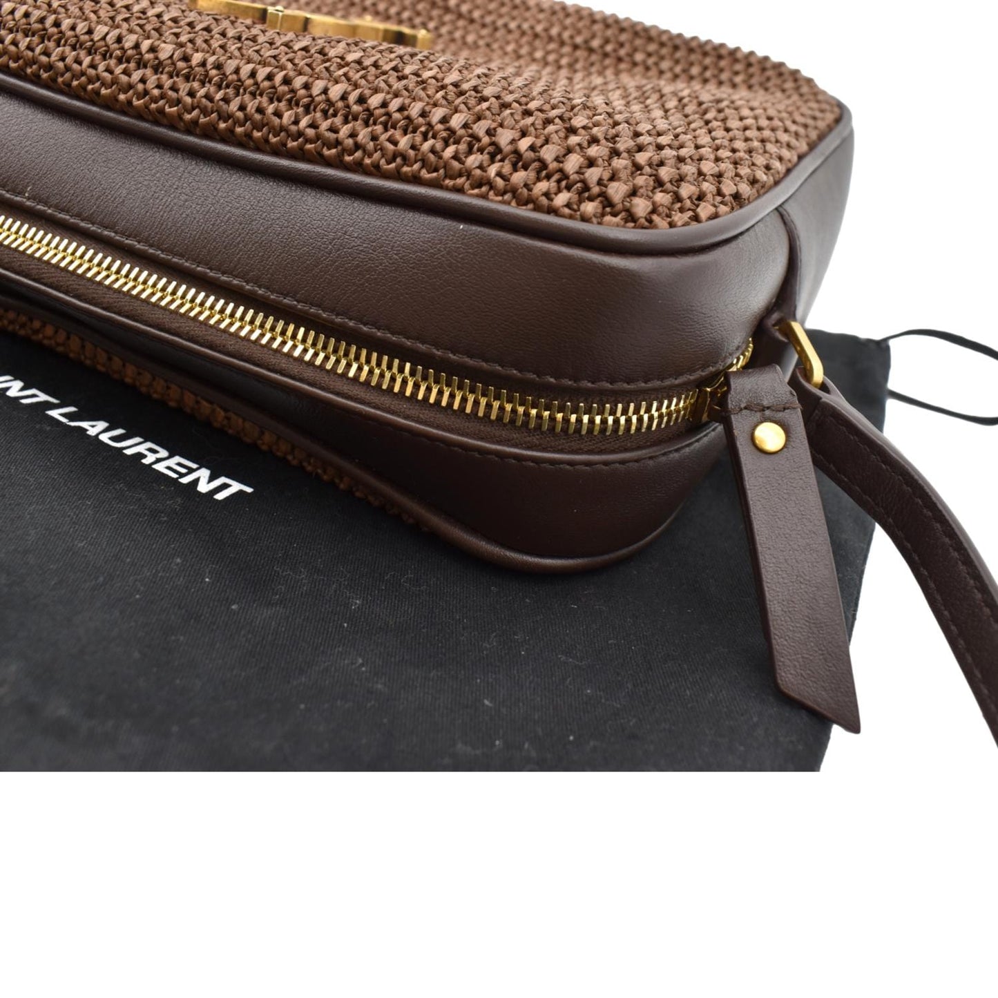 SAINT LAURENT Lou Camera Raffia Canvas Crossbody Bag Brown
