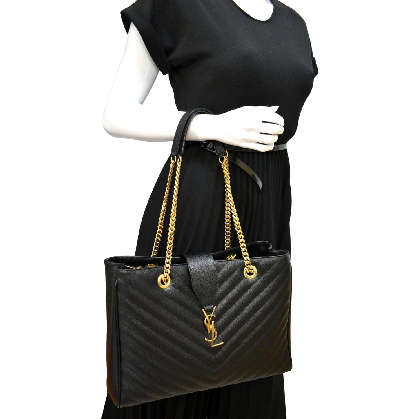 SAINT LAURENT Chevron Leather Shopping Tote Shoulder Bag Black