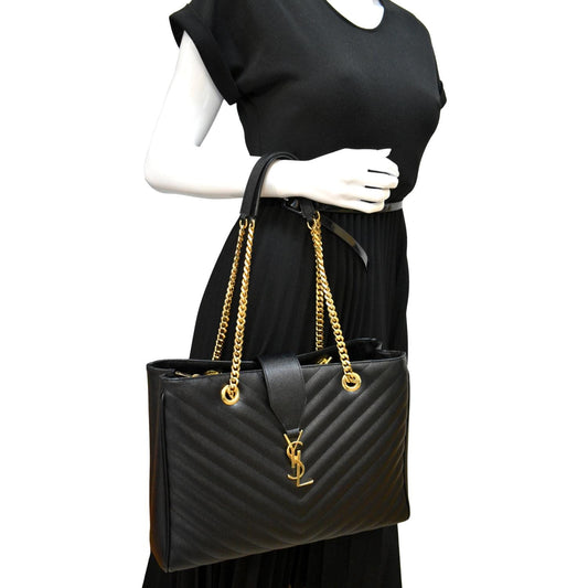 SAINT LAURENT Chevron Leather Shopping Tote Shoulder Bag Black