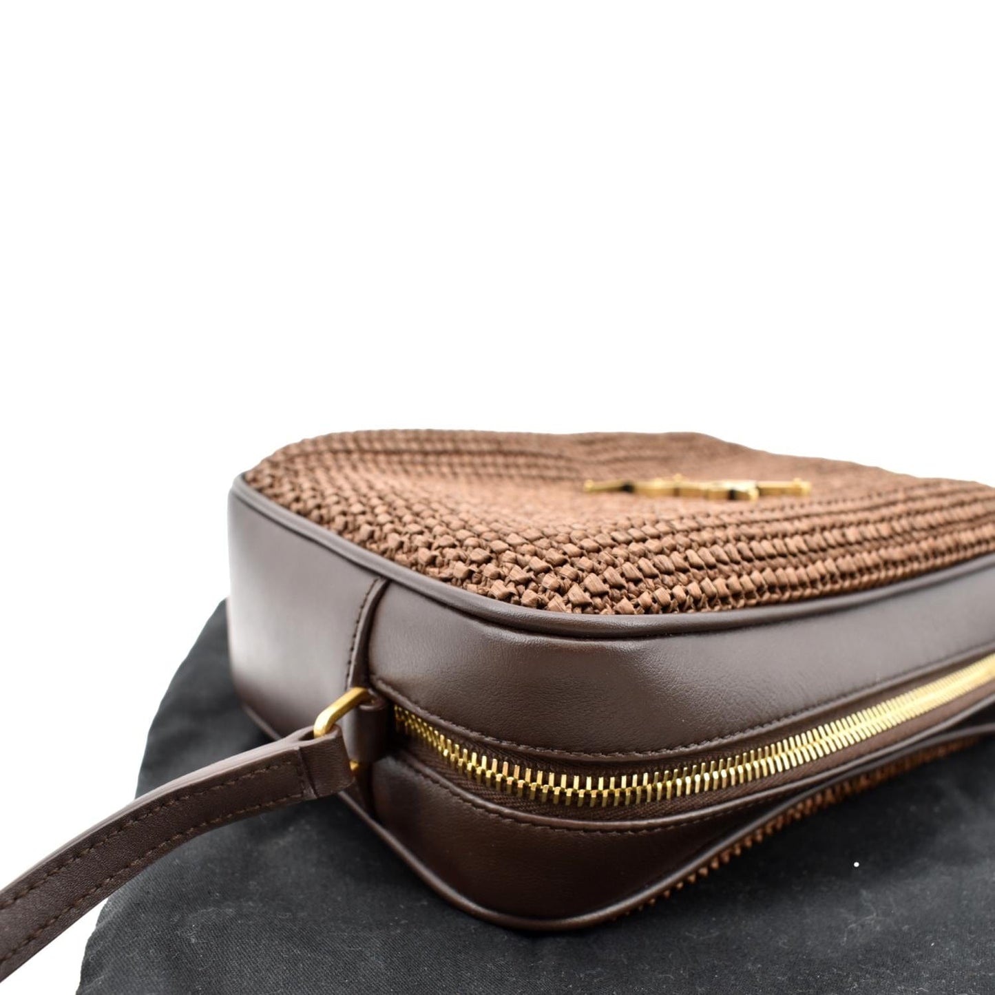 SAINT LAURENT Lou Camera Raffia Canvas Crossbody Bag Brown